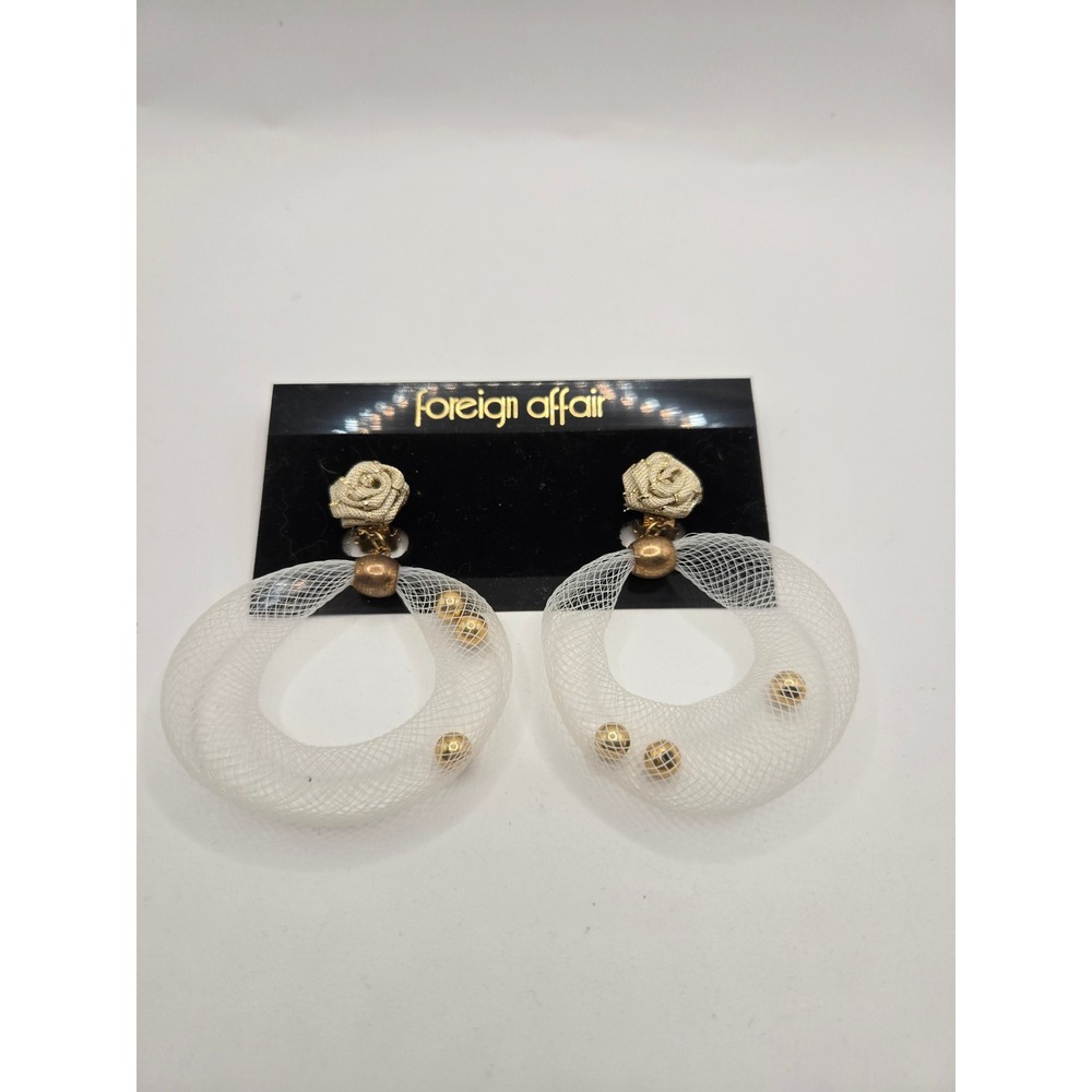 Vintage Foreign Affair Clip On Earrings White Mesh Gold Rose Shaker Hoop